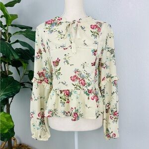 Buffalo David Bitton Floral Cream Chiffon Peplum Long Sleeve Eyelet crochet top
